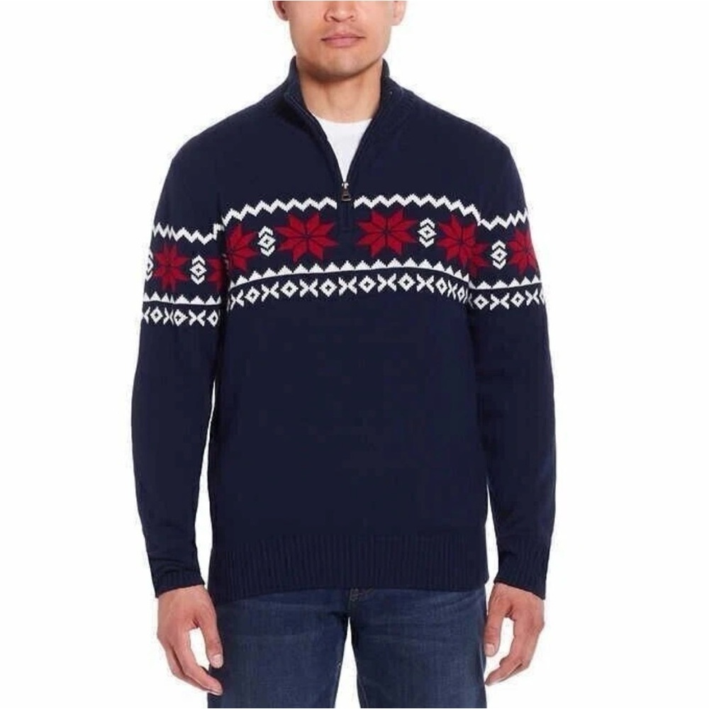 Weatherproof Vintage Men's Fair Isle 1/4 Zip Pullover Sweater Blue 100% Cotton L